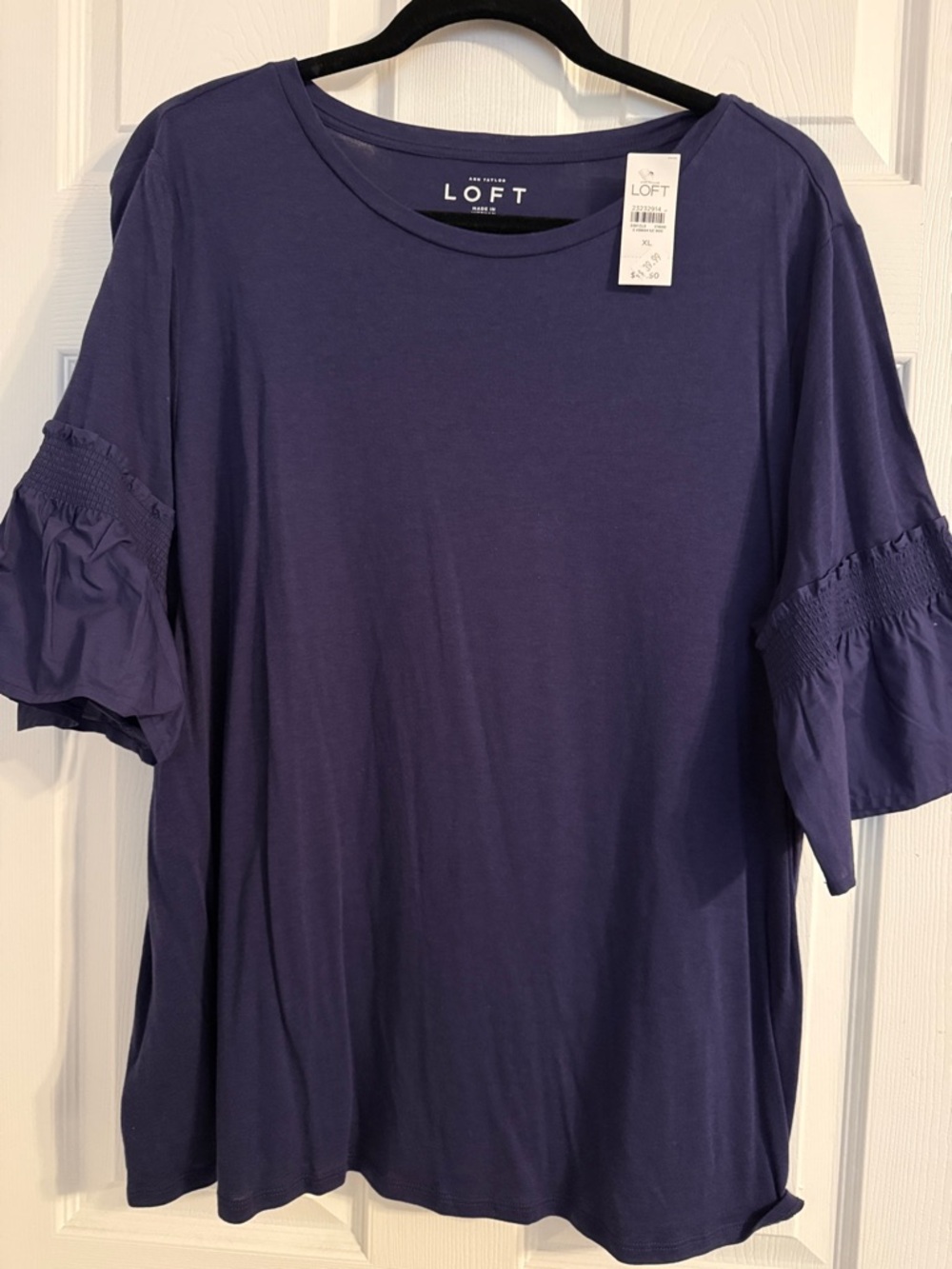 LOFT Bluish/Purple Short Sleeve Tee with Smocked Ruffle Sleeves
